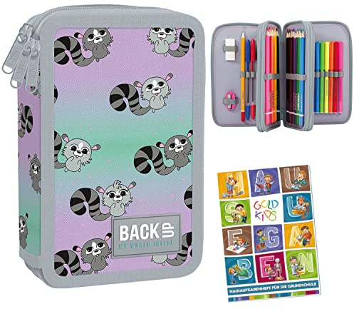 Goldkids Federtasche Lemuren 3-fache Federmappe Federmäppchen 43-teilig gefüllte Schüleretui Stifte und Pinsel inkl. Aufgabenheft Federbox Etui Stiftetasche Schlamper-Etui Schul-Etui