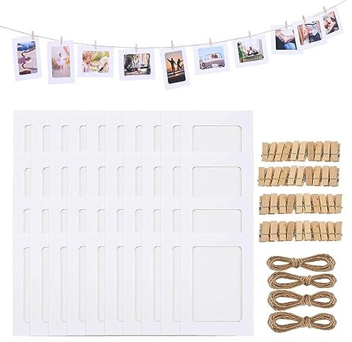 AHYDFSR 40 stücke Fotorahmen aus Pappe, Fotorahmen aus Pappe für 11.5 * 15.5 cm Foto, Kreativer Papier-Bilderrahmen mit Mini Holzklammern und Hanfseil, DIY, Collage zum selbst gestalten (Weiß)