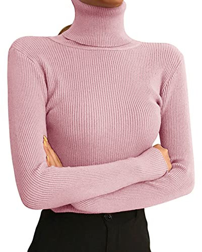 Dihope Pull à Col Roulé Femme À Manches Longues Chaud Pullover Tricoté Léger Coupe Classique Chandails Sweatshirt Chic et Elegant Automne Hiver(Rose)