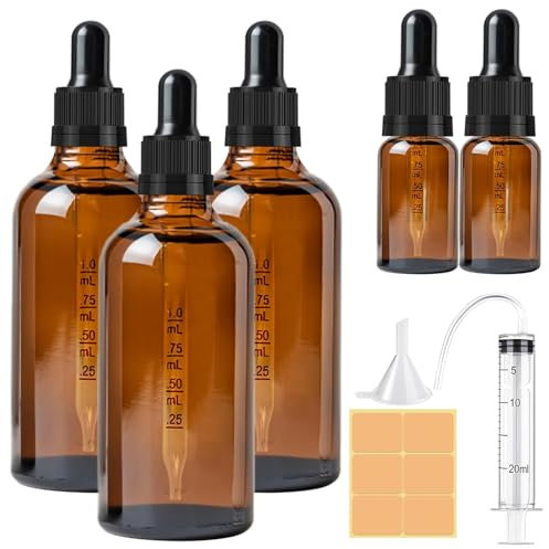 CoKeeSun 3Pcs 100ml Glass Dropper Bottle, Brown Dropper Bottles with Pipettes, 2Pcs 10ml Reusable Amber Glass Bottle Set with Funnel Needle Syringe Catheter Stickers for Hair Oil Cosmetics