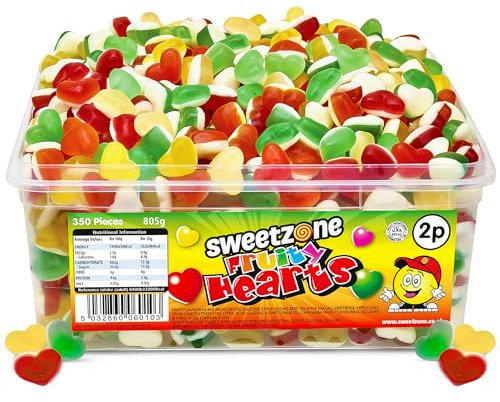 Sweetzone Fruity Love Hearts Sweet Tub, Mixed-Fruit, Halal Sweets Tub, 350 pc, 805 g, Heart Sweets for Gummy Enthusiasts