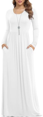 Anelune Dresses for Women Long Sleeve Loose Plain Plus Size Maxi Dresses Casual Long Dresses with Pockets White Medium