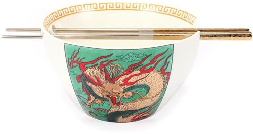 Hagary Dragon Ramen Bowl with Chopsticks Ceramic Bowl Stainless Steel Chopsticks Japanese Style Udon Miso Noodle Soup Bowls Housewarming Wedding Gifts Designed in Korea (Gold, 20oz)