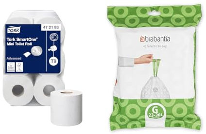 Tork SmartOne Mini Toilet Roll White T9, Advanced, 2-Ply, 12 x 620 Sheets, 472193 & Brabantia Bin Liners, Size G, 23-30 L - 40 Bags,White,375668