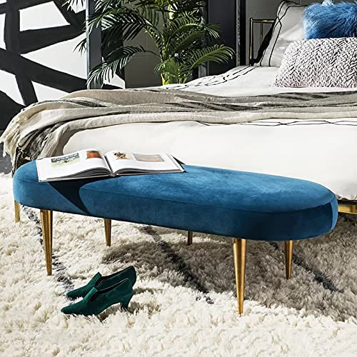 XMDEUR Luxuriöse Samt-Endbank, gepolsterte Ottoman-Sitzbank mit goldenen Beinen, Moderne Fußstütze, Hocker, Sofa-Bank für Wohnzimmer, Schlafzimmer, Blau, 60 x 45 x 42 cm (24 x 18 x 17 Zoll)