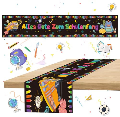 Shinybox Alles Gute Zum Schulanfang Tischdecken, Schulanfang Deko Wiederverwendbare Tischläufer, Schulanfang Tischdekoration, Schuleinführung Schulstart Party Dekoration 183 x 33cm(Schwarz)