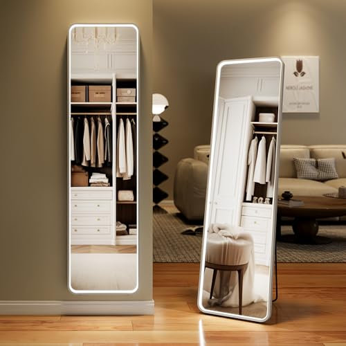 Clevich Ganzkörperspiegel 160x40CM mit Beleuchtung COB-LED Standspiegel 3 Lichtfarbe Dimmbar Stufenloses Wandspiegel Bodenspiegel Stehspiegel Groß mit Memory-Funktion Touch-Schalter 10x Lupe