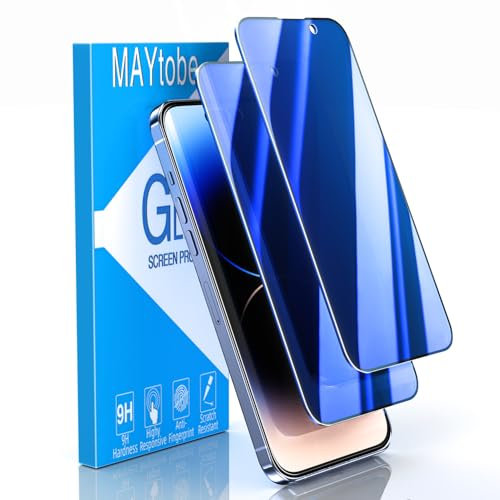 MAYtobe 2 Pack Privacy Screen Protector for iPhone 15 Pro Max, Tempered Glass Anti Spy Colorful Blue, Anti-Scratch, No Bubbles