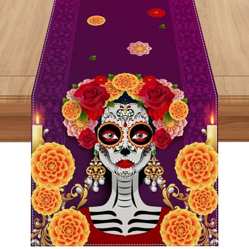 Linen Dia De Los Muertos Tischläufer, 183 cm lang, Tag der Toten, Tischdecke, mexikanische Fiesta, Party-Dekorationen und Zubehör für Zuhause, Küche, Esszimmer, Tisch