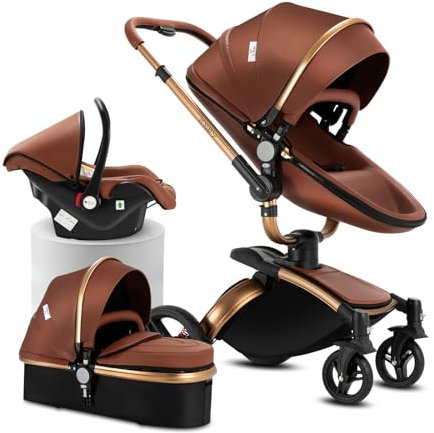 Reenborn PU-Leder Kinderwagen 3 in 1, Buggy mit Verstellbarem Sitz 360° Drehbar, Kinderwagen Rahmen Aluminiumlegierung, Kinderwagen 3 in 1 Komplettset Ein-Klick-Faltdesign Hohe Landschaft (906 Brown)