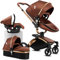 Reenborn PU-Leder Kinderwagen 3 in 1, Buggy mit Verstellbarem Sitz 360° Drehbar, Kinderwagen Rahmen Aluminiumlegierung, Kinderwagen 3 in 1 Komplettset Ein-Klick-Faltdesign Hohe Landschaft (906 Brown)