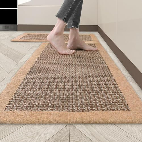 Cheerx Teppich Küche, Küchenteppich Waschbar rutschfest, Küchenläufer aus Baumwolle und Leinen Gewebt, Teppich Läufer, Saugfähig, Küchenmatte für Küche, Esszimmer, Waschküche (Braun, 50x120cm)