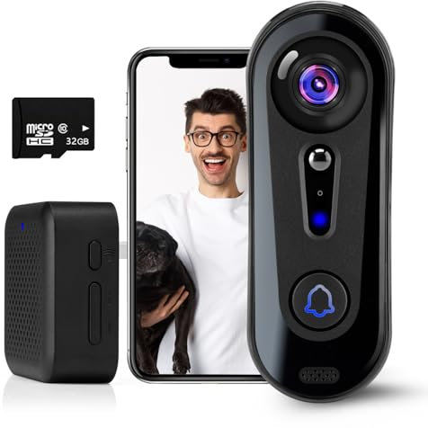 1080P HD Video Doorbell Camera with 32 GB SD Card, No Monthly Fee,Wireless Doorbell Camera Outdoor, 2-Way Audio, 2.4G WiFi, IP65 Waterproof, Night Vision, Ai Human Detection, SD Card/Free Cloud Stora