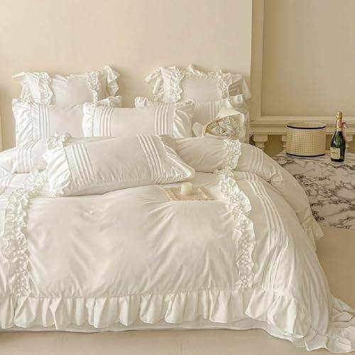 Sedefen Bettwäsche 155x220cm Weiß Rüschen Romantisch Bettbezug Uni Einfarbig Mädchen Rüschenbettwäsche Set Weich ÖKO-TEX Zertifiziert Mikrofaser Bettbezug mit Reißverschluss und 1 Kissenbezug 80x80cm