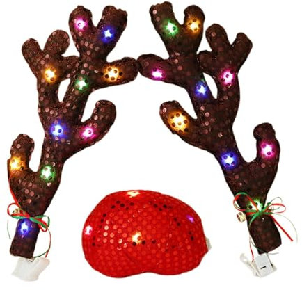 Rentier Auto Deko, Auto Rentiergeweih und -nase, Auto Deko Weihnachten, Auto Rentier Kostüm Auto Weihnachtendeko mit Geweih, Weihnachtsdekoration Auto mit Licht, Weihnachtsschmuck Auto, Autozubehör