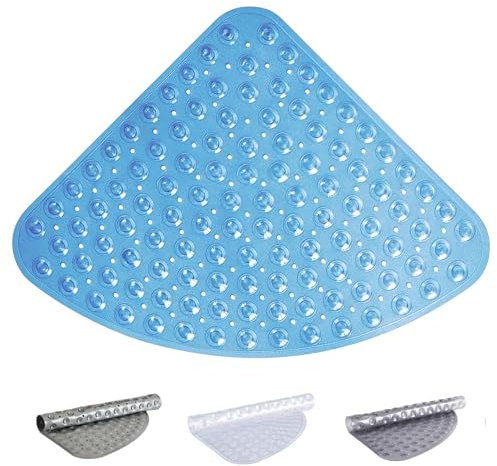 Corner Shower Mat Non Slip Anti Mould, 54x54cm Curved Shower Mats for Inside Shower, Anti-Slip Bath Mat with Suction Cup, Drain Holes, Machine Washable, Ideal for everyone (Blue)