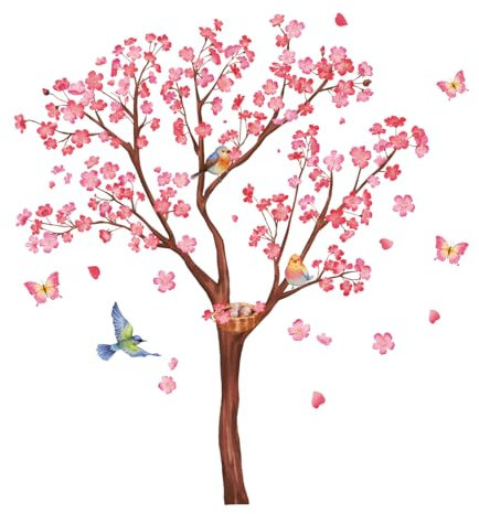 Wandtattoo rosa Baum in Blüte, Vögel, Schmetterlinge, Frühlingsdeko für Wohnzimmer, Schlafzimmer, Eingangsbereich oder Arbeitszimmer - zarter und natürlicher Effekt, Größe 104 x 88 cm