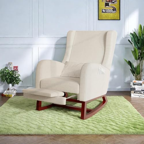 Schaukelstuhl, Stillstuhl, Schaukelrelax, mit Fußstütze, Lendenkissen und 2 Seitentaschen, für Wohnzimmer, Schlafzimmer, Samt, Beige