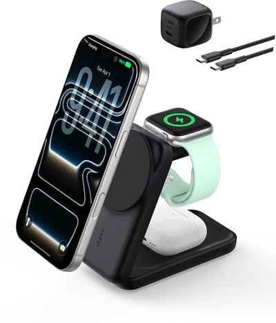 Belkin MagSafe Charger Compatible, 3-in-1 Charging Station, Qi2.2 25W Magnetic Wireless Charger Dock, Foldable Charging Stand for iPhone 17/16/15, Apple Watch, AirPods, Pixel 10 (45W Adapter Included)