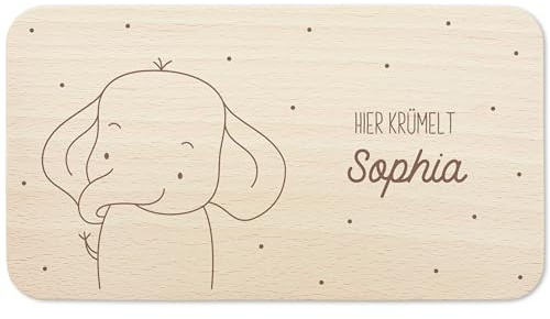 Frühstücksbrettchen Holz personalisiert Hier krümelt Holzbrett für Junge Mädchen Geschenk Baby Taufgeschenk Holzbrettchen Frühstücksbrett mit Gravur (Elefant)