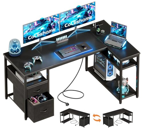 Coleshome Gaming Eckschreibtisch mit 2 Schubladen, 140×80 cm, Schwarz | L-Förmiger Gaming Tisch mit Stauraum & Regal, Schreibtisch mit Steckdose & USB, Reversibel, für Schlafzimmer & Wohnzimmer