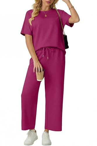 GRECERELLE Airport - Tuta da donna in due pezzi, set completo estivo a maniche corte, casual, girocollo, maniche ad aletta e pantaloni da jogging con tasche, Rosa acceso, L