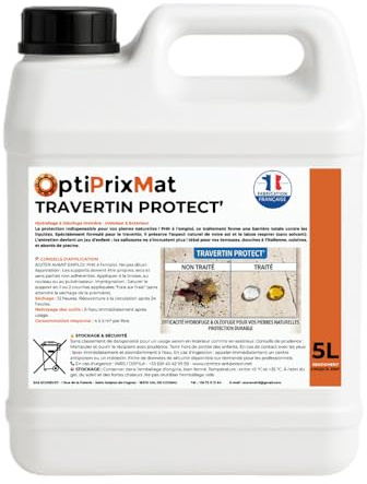 Hydrofuge Travertin Protect' 5L - OptiPrixMat - Imperméabilisant & Oléofuge Invisible - Spécial Travertin, Pierre Naturelle, Béton - Intérieur et Extérieur (Terrasse, Douche, Cuisine) - Jusqu'à 25m²