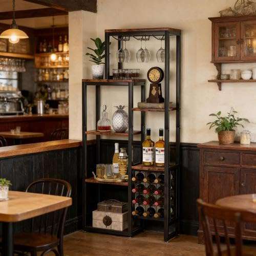 STAPERFO Étagère à vin combinable avec porte-verre, étagère sur pied à 5 étages en MDF et métal pour 12 bouteilles et 6 à 9 verres, buffet industriel comme étagère pour charges lourdes, pour cuisine
