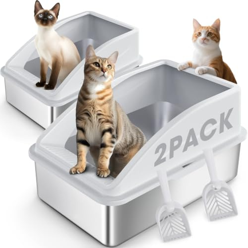 2 Pack FURTIME Katzenklo Edelstahl, Katzentoilette Edelstahl 30L Große Kapazität Auslaufsicher Gegen Verschüttungen Katzenklo, mit Katzenstreuschaufel aus Kunststoff 58x37x28.5cm (Silbergrau)
