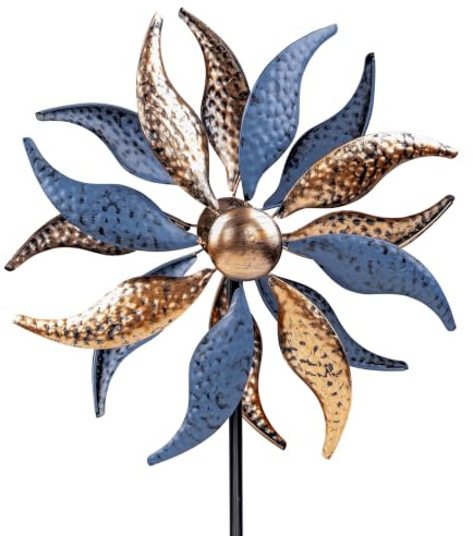 levandeo Gartenstecker Windrad H123cm Metall Gold Blau Windmühle Erdspieß Garten Deko Metallstecker Blumenstecker