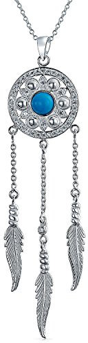 Bling Jewelry Western Boho Türkis Akzent Native American Indian Multi Federn Blatt Dream Catcher Anhänger Halskette Für Frauen Jugendlich Oxidiert .925 Sterlingsilber