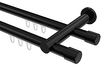 INTERDECO Innenlauf-Gardinenstange 20 mm 2-läufig, moderne Innenlaufstange aus Metall, Schwarz, zur Wandmontage, Typ 10213112, 200 cm