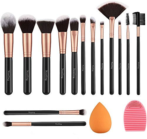 14 PCS Set Pinceaux Maquillage Rose Doré avec Eponge Maquillage et Brosse De Nettoyage Synthétiques Haut De Gamme pour fond De Teint Mélange Poudre Le Visage Ombres à Paupières