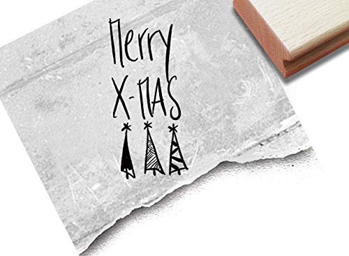Stempel Weihnachtsstempel - Merry X-Mas, Handschrift mit Weihnachtsbäumen - Textstempel Weihnachten Karten Geschenkanhänger Tischdeko - zAcheR-fineT