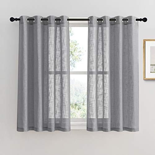 PONY DANCE Vorhänge Kurz Leinenoptik Gardinen für Küche Dekoschals Vorhang Halbtransparent Voile Gardine mit Ösen, 2er Set H 137 x B 132 cm, Dunkelgrau