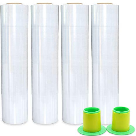 4 Pack Industrial Clear Pallet Stretch Wrap Cling Film 20mic x 400mm x 260m with Plastic Rolling Handle.Self Adhering Packing,Moving,Packaging,Heavy Duty Shrink Film,BOMEI PACK
