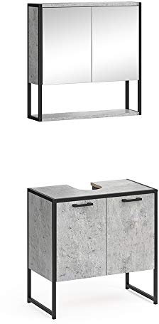 Vicco Badmöbel-Set Fyrk, Beton/Schwarz, 2 Teile, mit Spiegelschrank