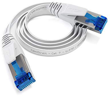 KabelDirekt – Cable Ethernet plano, altamente flexible – 1m (Cable LAN y de red, CAT7, 10Gbit/s para una velocidad máxima de fibra, conector RJ45, apto para instalaciones permanentes, blanco)
