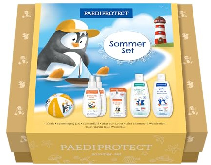 PAEDIPROTECT Sommer-Set Baby- & Kinder Produkte Sonnenschutz & Hautpflege, inkl. 2x Meeressonnencreme, 1x Gesichtssonnencreme, 1x 2in1 Shampoo & Waschlotion, 1x Pflegelotion & 1x Wasserball, Pflegeset