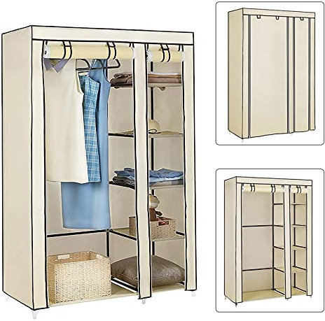 HUOLE Armarios de Tela para Ropa, Armario Ropero con Varillas, Armario Portátil, Resistente al Polvo Estantería de Almacenaje, Dormitorio, Estudio (Beige, 110 * 45 * 175cm)