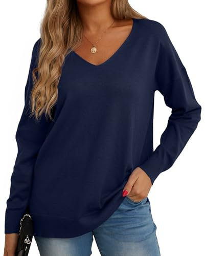 GRECERELLE Pull Femme Col V Décontracté en Tricot avec Manches Longues - Pullover Chic et Élégant pour l'hiver (Bleu Marin, L)
