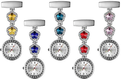 Avaner Pflegeruhr Krankenschwesteruhr Blumen Design FOB Analog Quarzwerk pulsuhr Ansteckuhr Unisex Silver schwesternuhren mit Pin/Clip Set ausziehbar Arzt Doktor Medical Taschenuhr