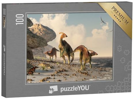 puzzleYOU: Puzzle 100 Teile „Eine 3D-Illustration: DREI Parasaurolophus“ – aus der Puzzle-Kollektion Dinosaurier