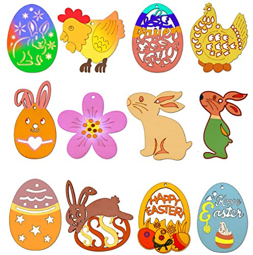 Holzanhänger Ostern, 48 Stück Oster zum Aufhängen Holz, Ostern Basteln Holz mit Schnur, Osteranhänger aus Holz Hasen Eier Huhn Blume Holzscheiben Osterbasteln für Kinder Ostern Party Dekorationen