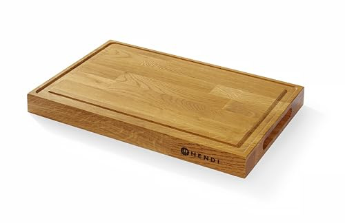 HENDI Servierbrett, doppelseitig, mit Saftrille, gefrästen Griffen, Schneidebrett, Küchenbrett, Holzbrett, Frühstücksbrett, Steakbrett, Tapasbrett, 420x280x(H)40mm, Eichenholz