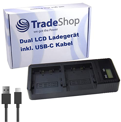 Trade-Shop Dual LCD Ladegerät Ladestation inkl. USB-C Ladekabel kompatibel mit JVC BN-VC296G BN-VC298G BN-VC264G Akku/Profi-Camcorder