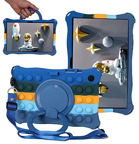 ESSTORE Coque pour Samsung Galaxy Tab A8 10,5 Pouces 2022 (SM-X200/X205/X207) Étui Case Rotative Poignée Support Housse Antichoc avec Bandoulière/Porte-Crayon/Stylet Pen, Bleu Foncé Arc-en-Ciel