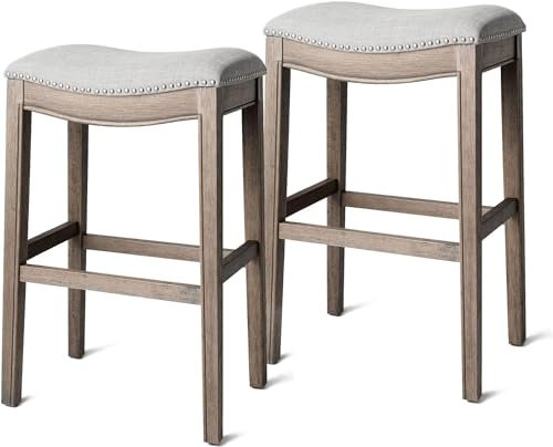 Maven Lane Adrien 79 cm Bar Height Upholstered Backless Saddle Barstool in Reclaimed Oak Finish with Ash Grey Fabric Cushion Seat, Set of 2