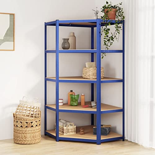 homiuse Étagère d'angle, 90 x 90 x 200 cm, pour charges lourdes, avec 5 tablettes réglables en hauteur, pour cave, garage, petite étagère murale, décorative, 175 kg par étage, bleue, en acier