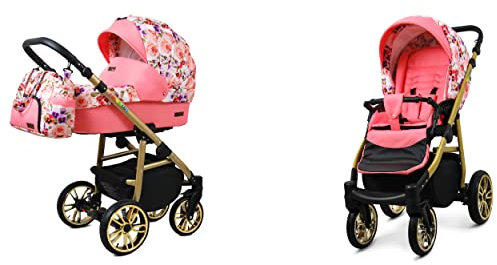 BabyLux Color Lux Passeggino 2in1 Deep e Passeggino con Accessori Struttura in Alluminio Regolabile e Pieghevole 2 Opzioni di Montaggio Ruote Impermeabili Pansies And Roses Gold Frame
